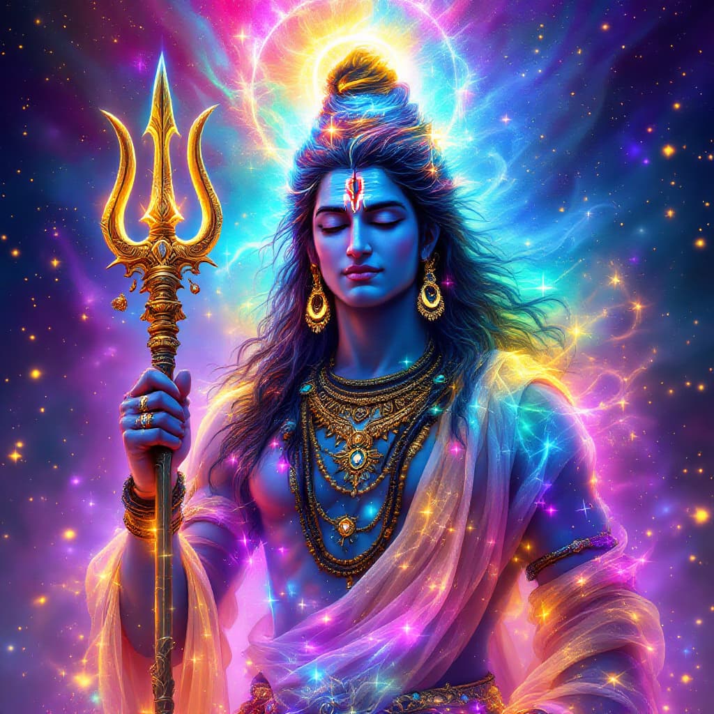 AI generated: A radiant depiction of Shiva, showcasing a hyperrealistic style with an impressionistic quality. The...