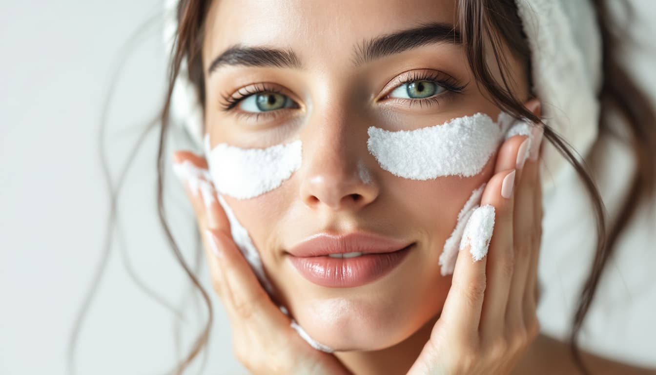 AI generated: Close-up of a young woman with healthy, radiant skin lightly adorned with facial foam, her features ...