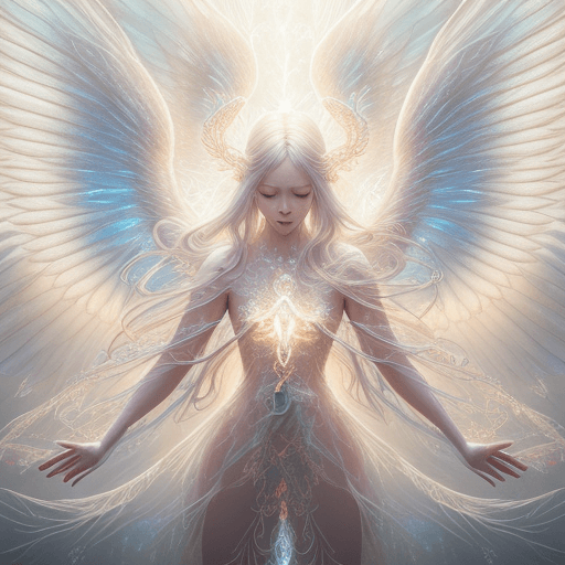 AI generated: A angelic mythical creature with spreading arms with glowing intricate transparent wings, symetrical...