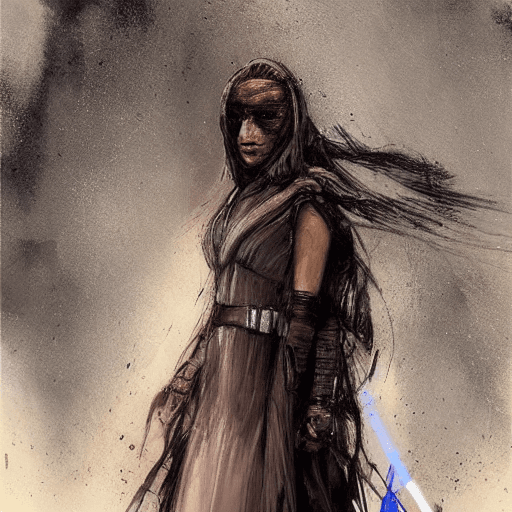 AI generated: full portrait of a gorgeous female jedi, Star Wars themed, sparkling eyes, seductive, expressive, sc...