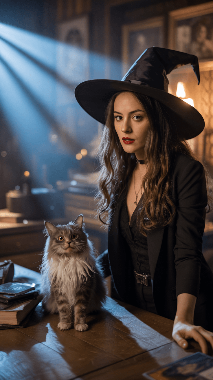 AI generated: An ultrarealistic witchy woman and her sinister cat in a magic room looking direct to cam,in style o...