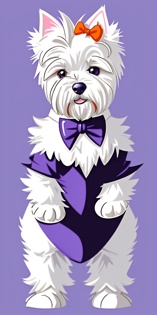 AI generated: cute west highland white terrier puppy dressed up for Halloween, digital drawing, 1980s inspired, cu...