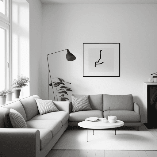 AI generated: "A minimalist one-line drawing of a Scandinavian-style living room featuring a cozy sofa with cushio...