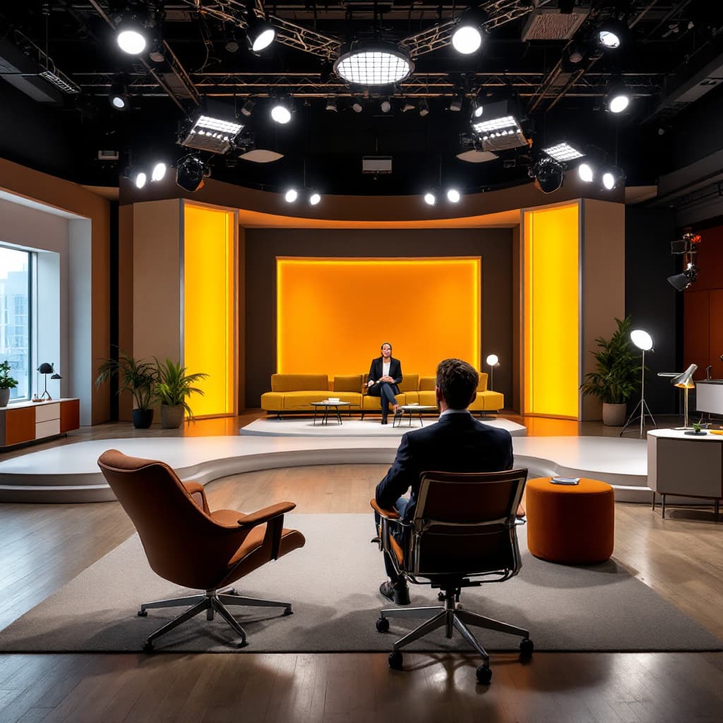 AI generated: a presenter on a chair facing the camera, a spacious TV studio with a frontal view, Herman Miller Ae...