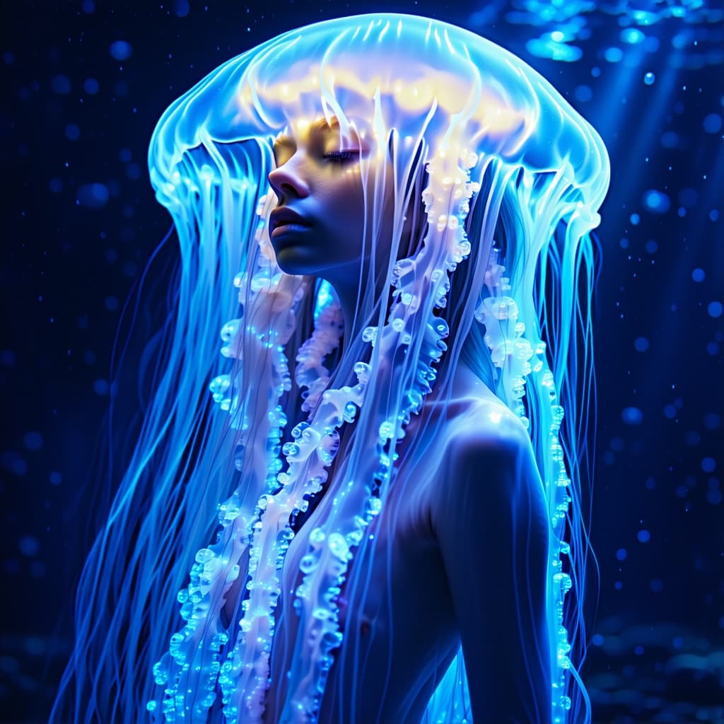 AI generated: A woman with luminescent jellyfish DNA, her translucent skin glowing with bioluminescent veins, flow...