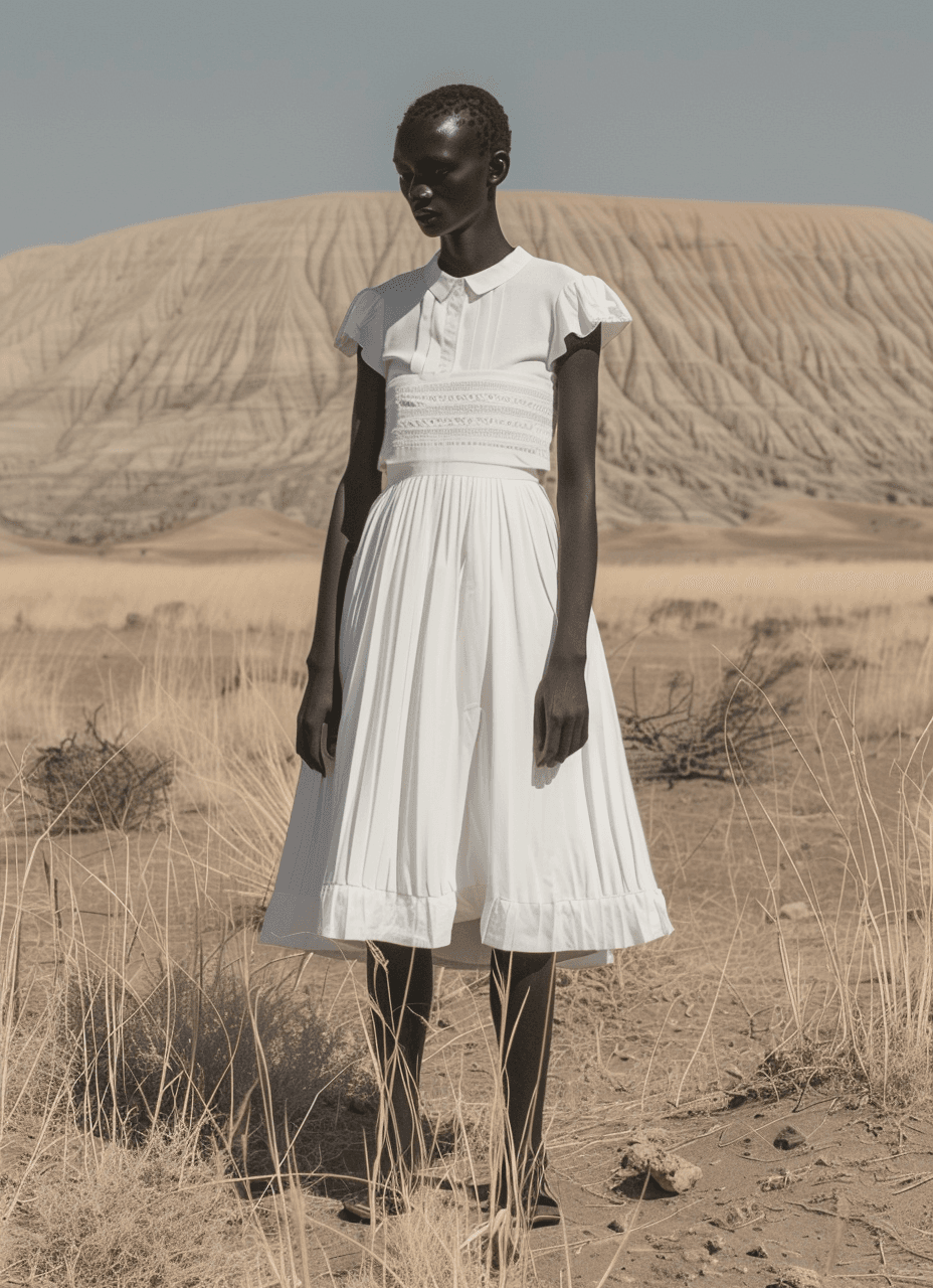 AI generated: In the style of William Klein, extremely thin and malnourished black African people wearing white co...