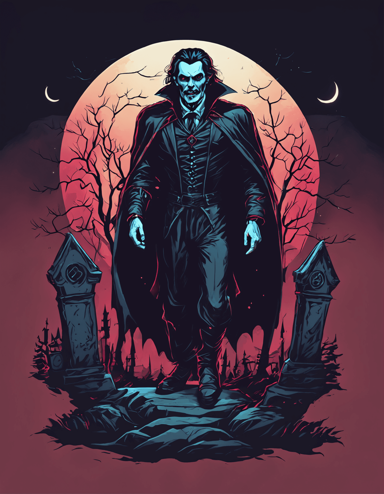 AI generated: Count Dracula in a graveyard at night, Foggy with moon light, ~*~Enhance~*~, (style of Dan Mumford:1...