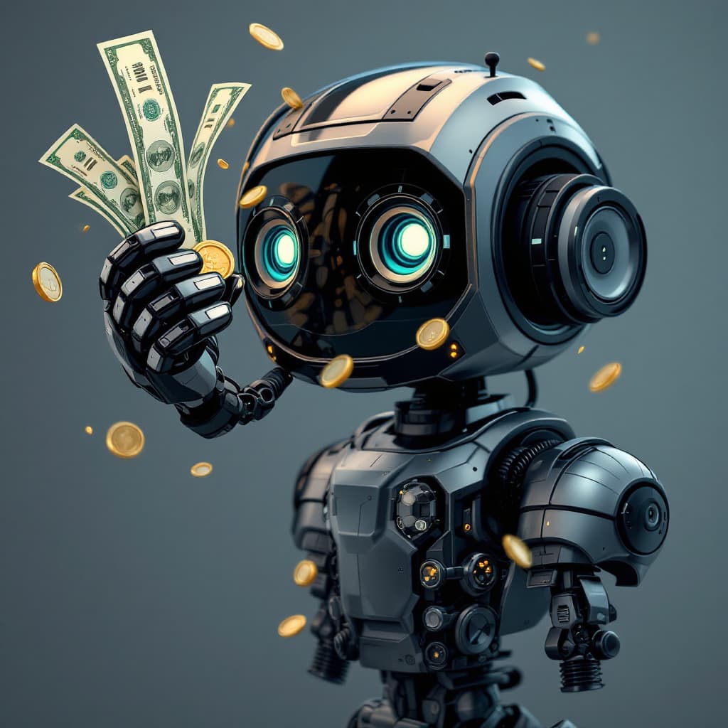 AI generated: Un robot stylisé et amical avec un design futuriste tenant des pièces d'argent et des billets, symbo...
