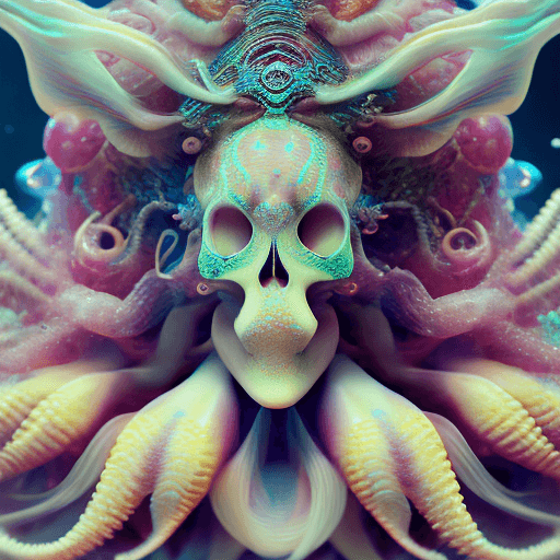 AI generated: Goddess close-up portrait ribcagel. jellyfish phoenix head, nautilus, orchid, skull, betta fish, bio...