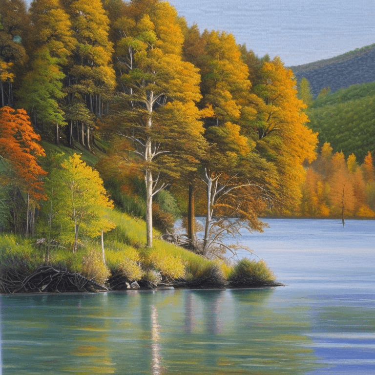 AI generated: photorealistic oil on canvas, 
small trees by a river and hill, 
beautiful setting, fall,
Foreground...