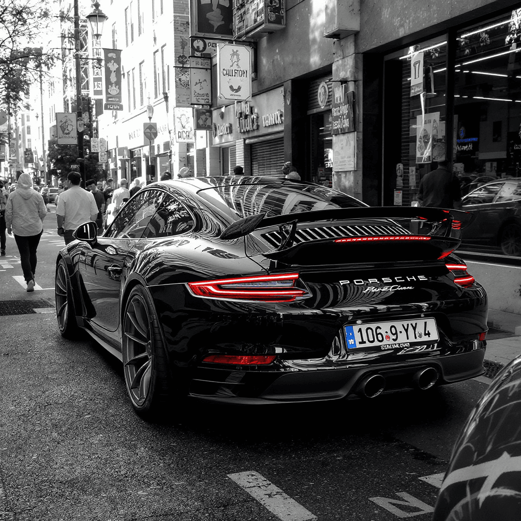 AI generated: Porshe 911 :: Harsh, directional light from behind :: Busy background with lots of activity :: Car p...