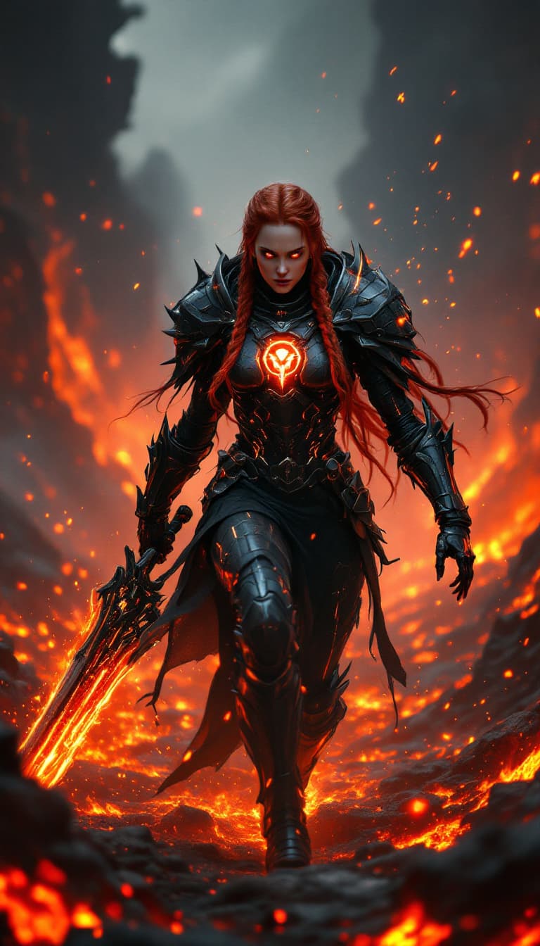 AI generated: A cinematic digital artwork featuring a fearless, female armored figure in a charging and aggressive...
