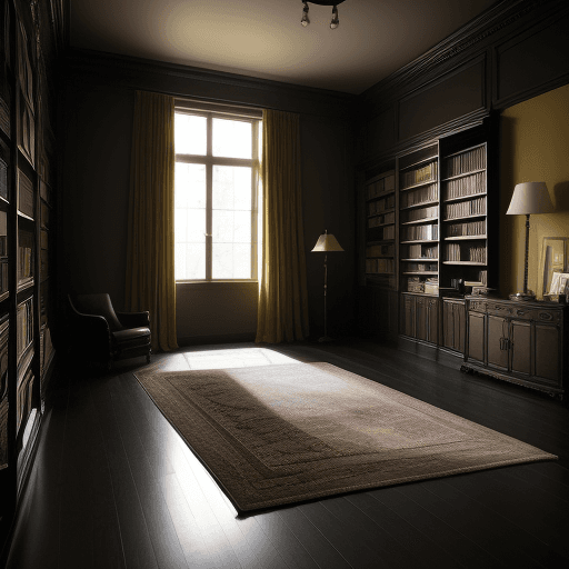 AI generated: Large and spacious room, dark with a bookshelf in the background, a rug, a dresser, and a floor lamp...