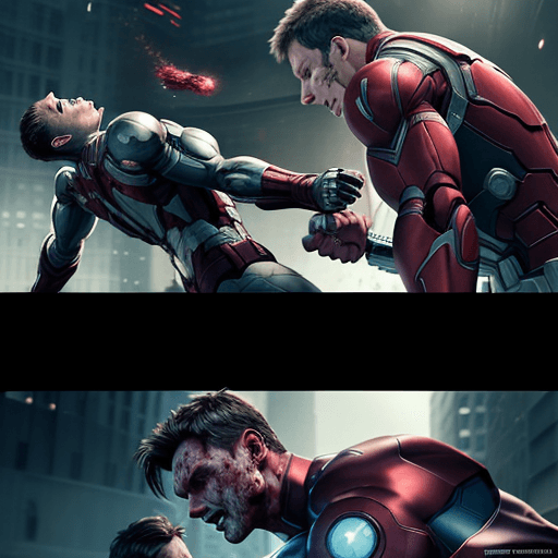 AI generated: Realistic cgi vfx Two friends are fighting, one of them has a metal arm and a long arm and they both...