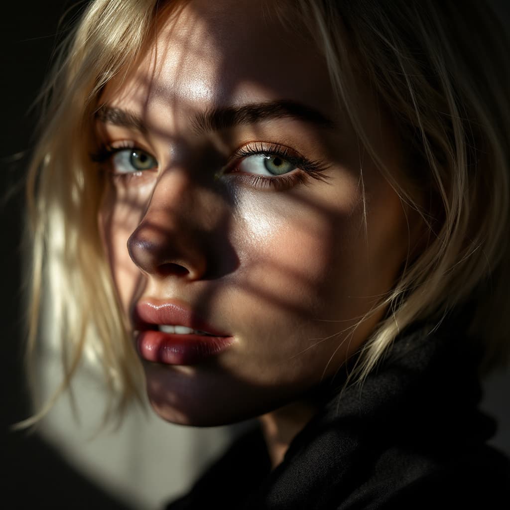 AI generated: high-resolution photograph, short hair,blonde woman, stunning use of shadows, in the syle of crisp l...
