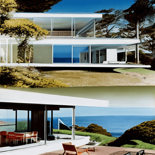 AI generated: Hyper realistic eye level exterior photo of a mid century modern style house overlooking the ocean, ...