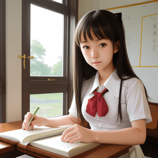 AI generated: classical school girl, uniform, studying, asian, petite, summer