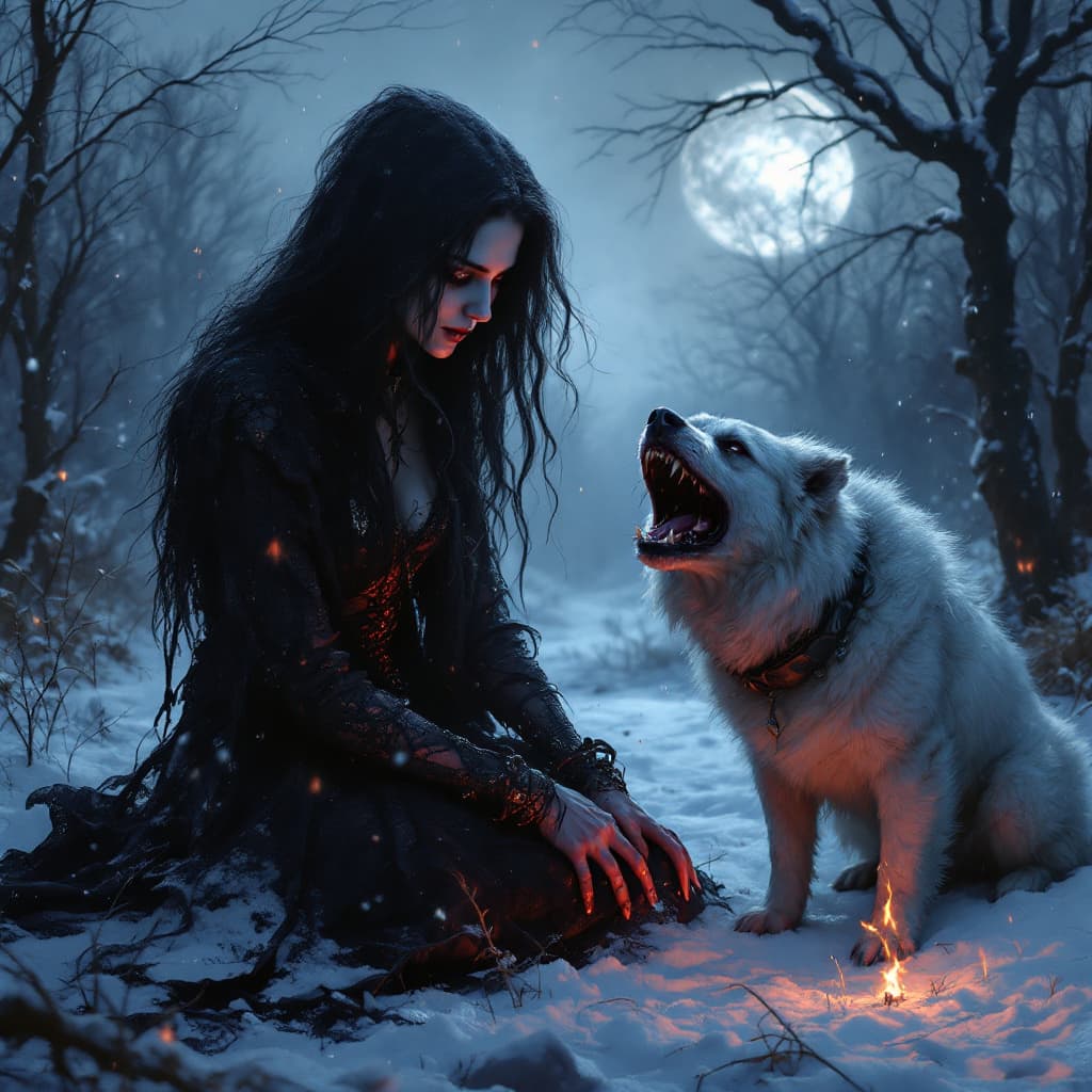 AI generated: demonic woman, bad intentions, winter with a demonic dog