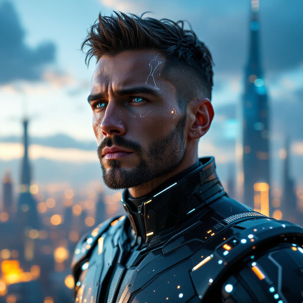 AI generated: Un personaje futurista proveniente del año 3000 en adelante, con un diseño avanzado y vanguardista. ...