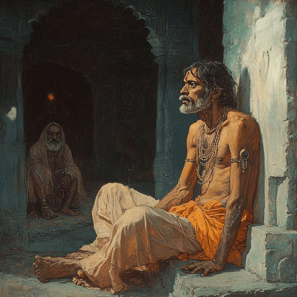 AI generated: An Indian village man, distressed, worried sitting inside a place leaning on to the wall, looking in...