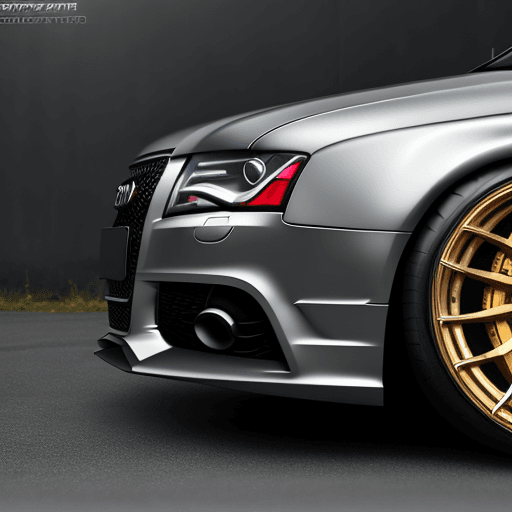 AI generated: realistic picture of extremely lowered 2008 Audi RS6, in dark grey color, 10 spoke golden wheels
