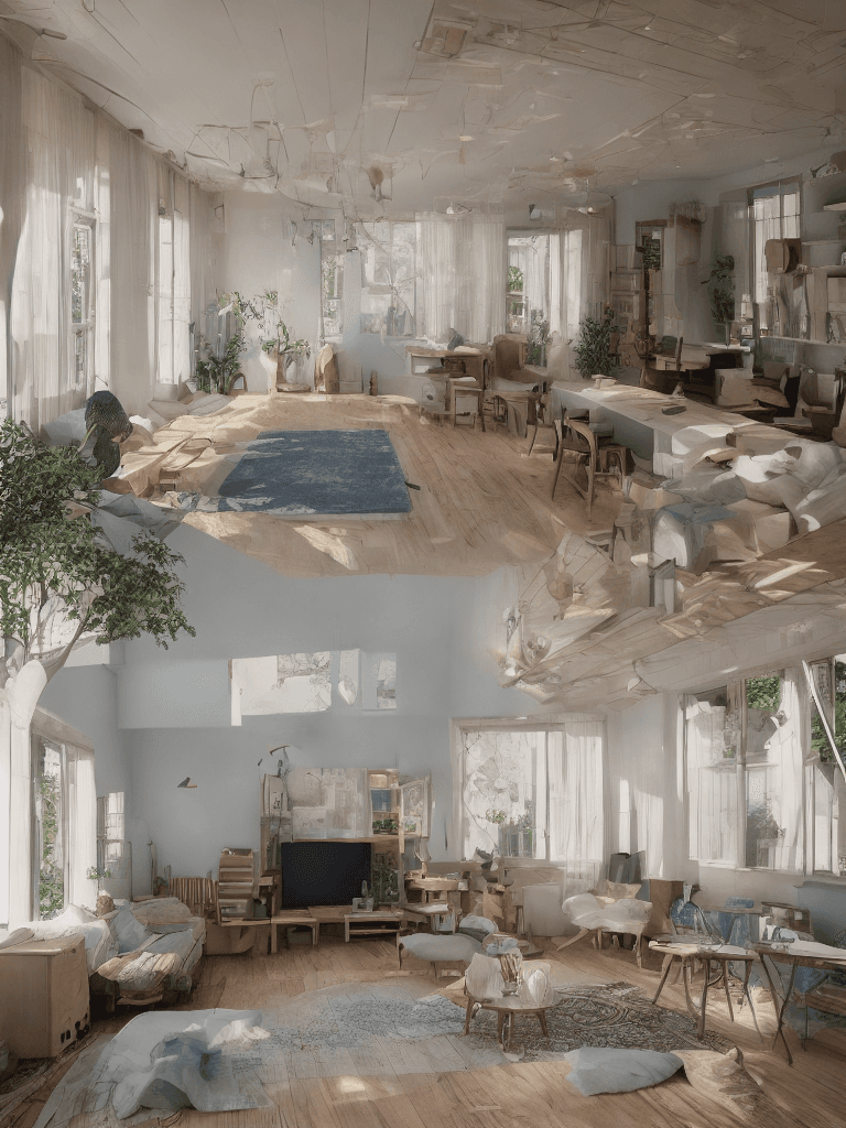 AI generated: High resolution photography interior design, dreamy sunken living room conversation pit, wooden floo...