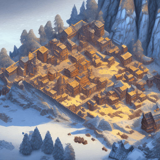 AI generated: huge isometric medieval fantasy map of a massive village on the snowy mountains ::2 peaceful, vivid ...