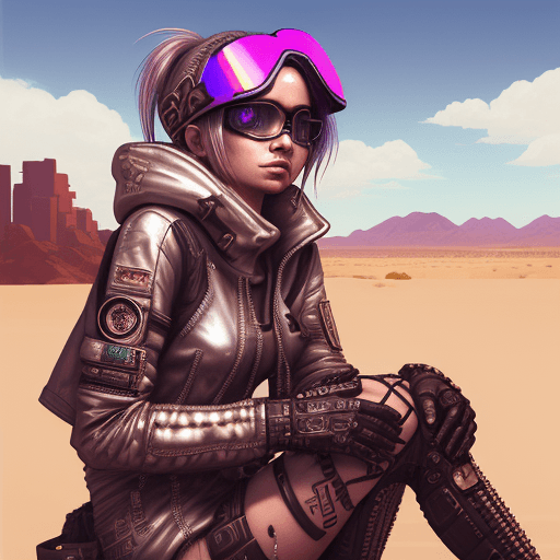 AI generated: female character wearing goggles while sitting in the desert, in the style of cyberpunk imagery, rea...