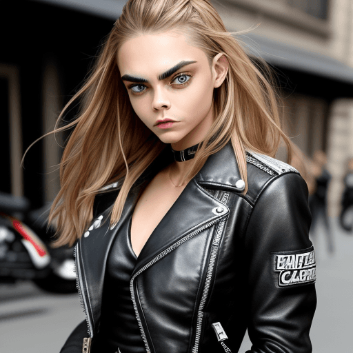 AI generated: cara delevngne is wearing a biker leather jacket