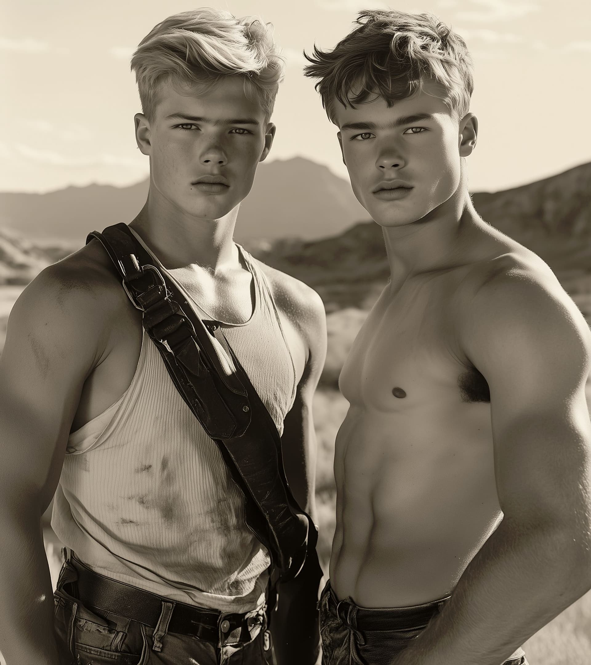 AI generated: Photograph of two young men, one with short blonde hair and the other with brown hair, standing in f...
