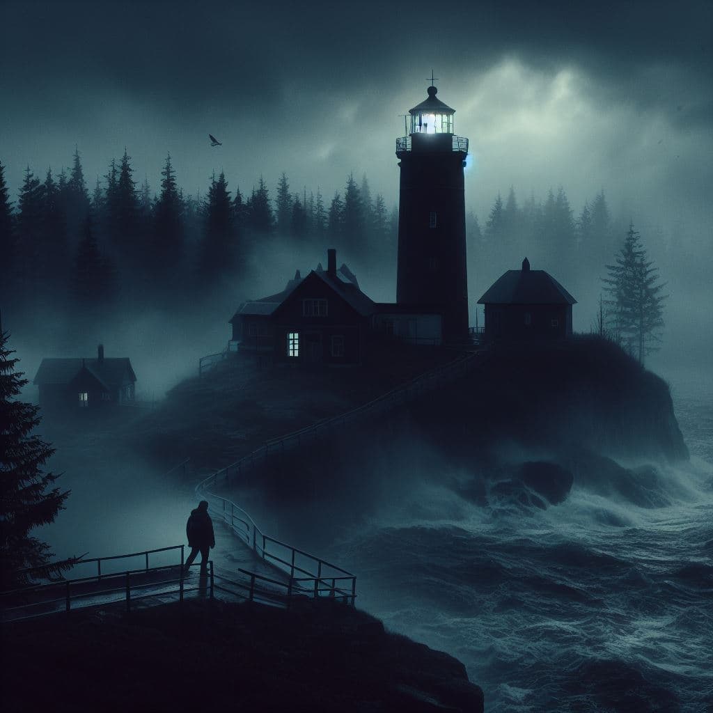 AI generated: on the coast, a lighthouse on a foggy, gloomy night. a dark figure approaches the lighthouse from th...