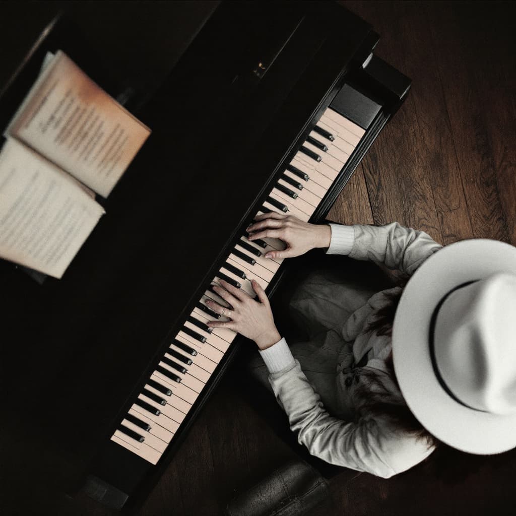 AI generated: Capture a vintage photograph from a bird's-eye view of a person playing piano. The focus should be o...