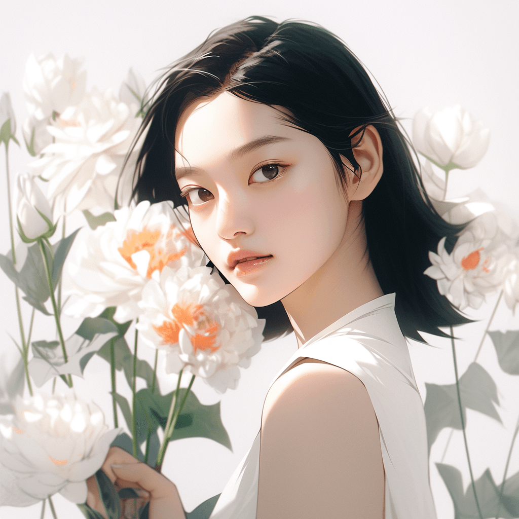 AI generated: 1 Chinese female model ,flower,happy, playful minimalist style, oshare kei, soft light composition, ...