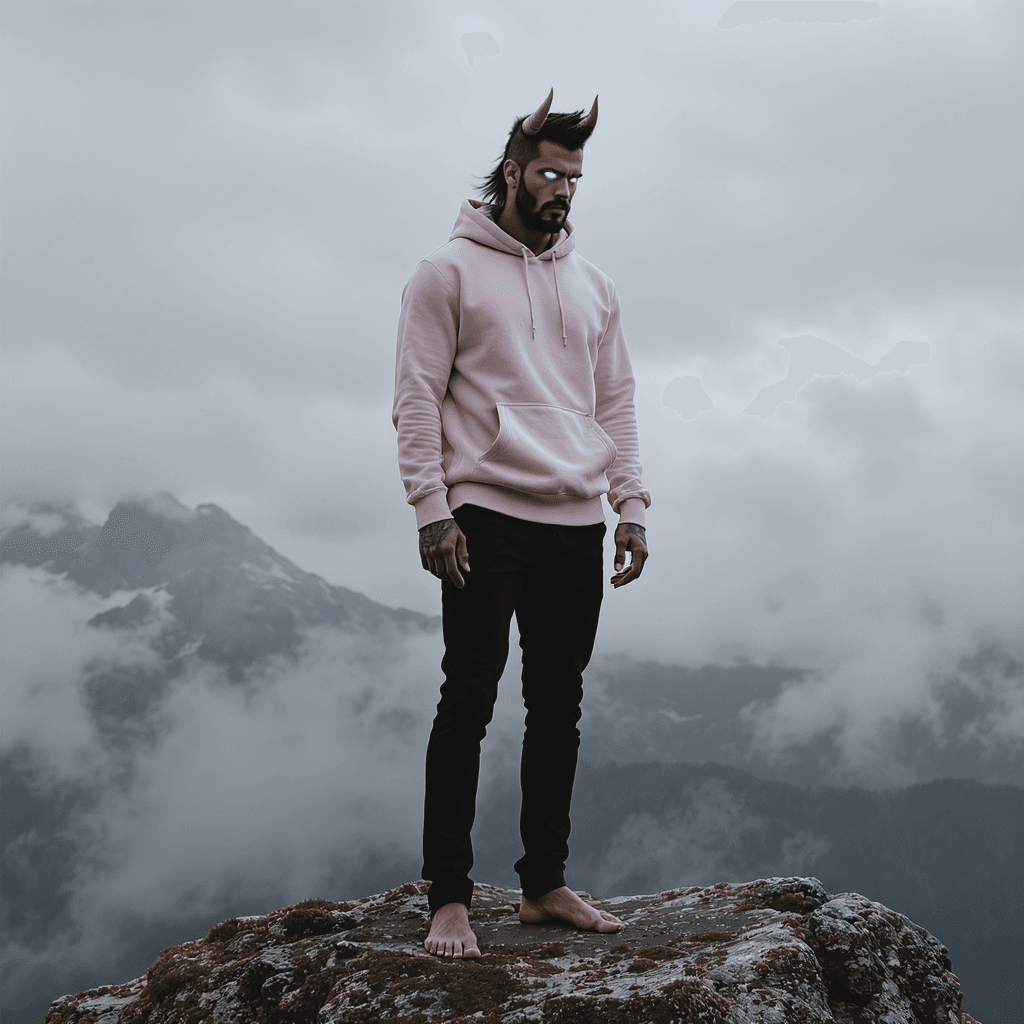 AI generated: A tall, muscular yet lean man stands barefoot on a moss-covered rock at the summit of a mountain ben...