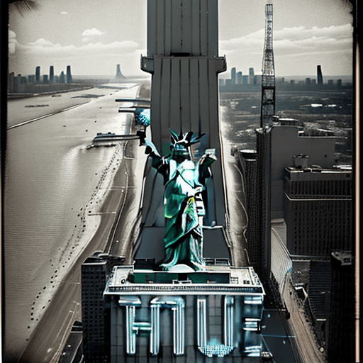 AI generated: A vintage photo patriot portrait shows, the Statue of Liberty building the border wall, at scale, wi...