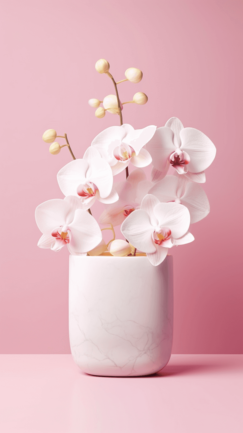 AI generated: Kinetograph matte white marble container with delicate pink orchids and elegant gold vector HD on a ...