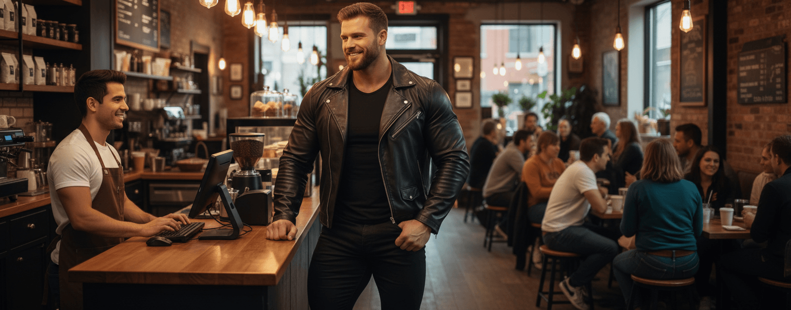 AI generated: Male Hispanic barista 5' 2" tall, at a coffee shop behind the counter typing on the computer-registe...