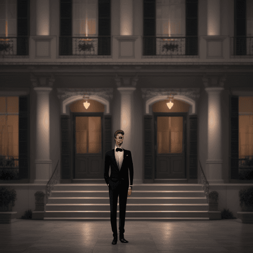 AI generated: Hyper realistic eye level exterior photo of an elegant man in a romantic ambiance