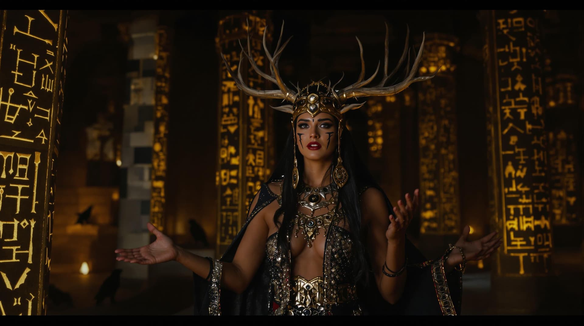 AI generated: A photorealistic portrait of a walking beatiful Norse priestess with raven-black hair, in an dark Eg...