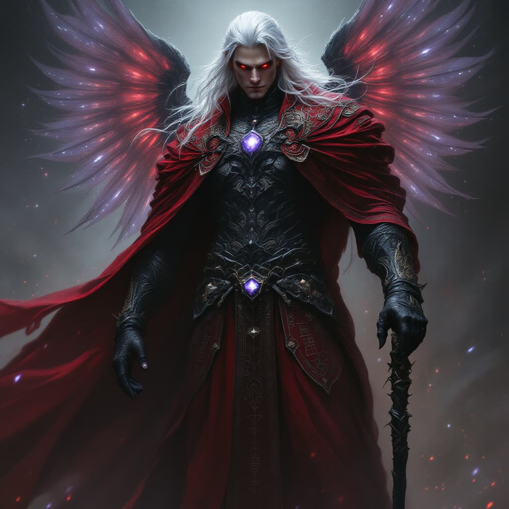 AI generated: A towering figure draped in a regal yet ominous crimson coat embroidered with ancient, shifting rune...