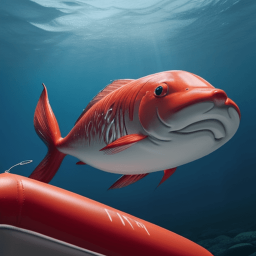 AI generated: fishing inflatable boat, the propeller is spinning underwater, the red fish is dead