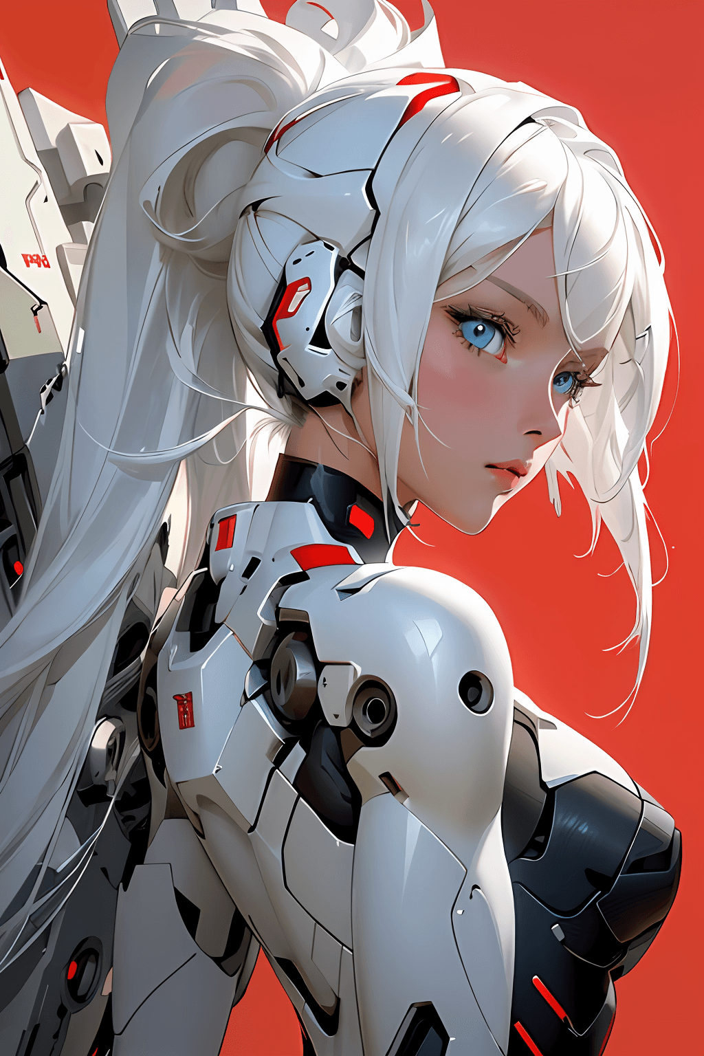 AI generated: 1girl, detailed beautiful face and eyes, white hair, black mecha suit, minimalism, gun, side view, b...