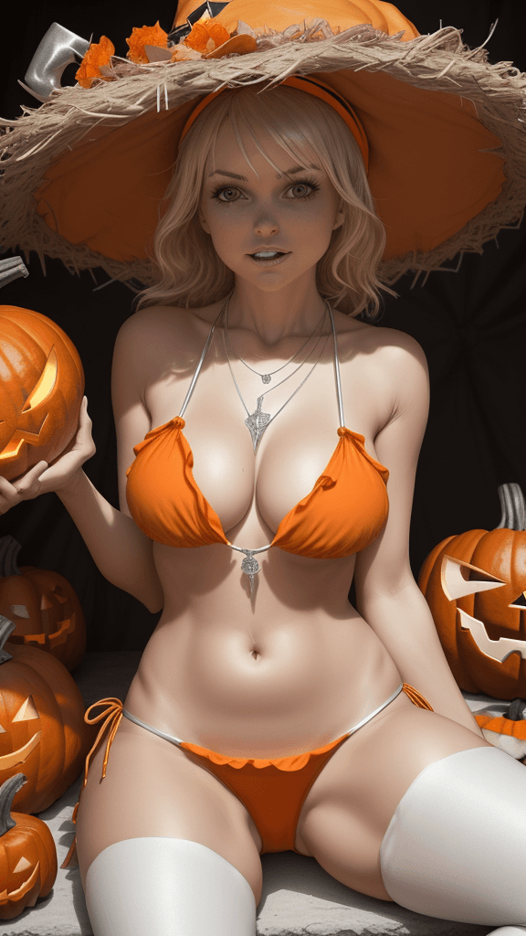 AI generated: a woman dressed in a Halloween costume, adorned with an orange hat, is seated on a white platform su...