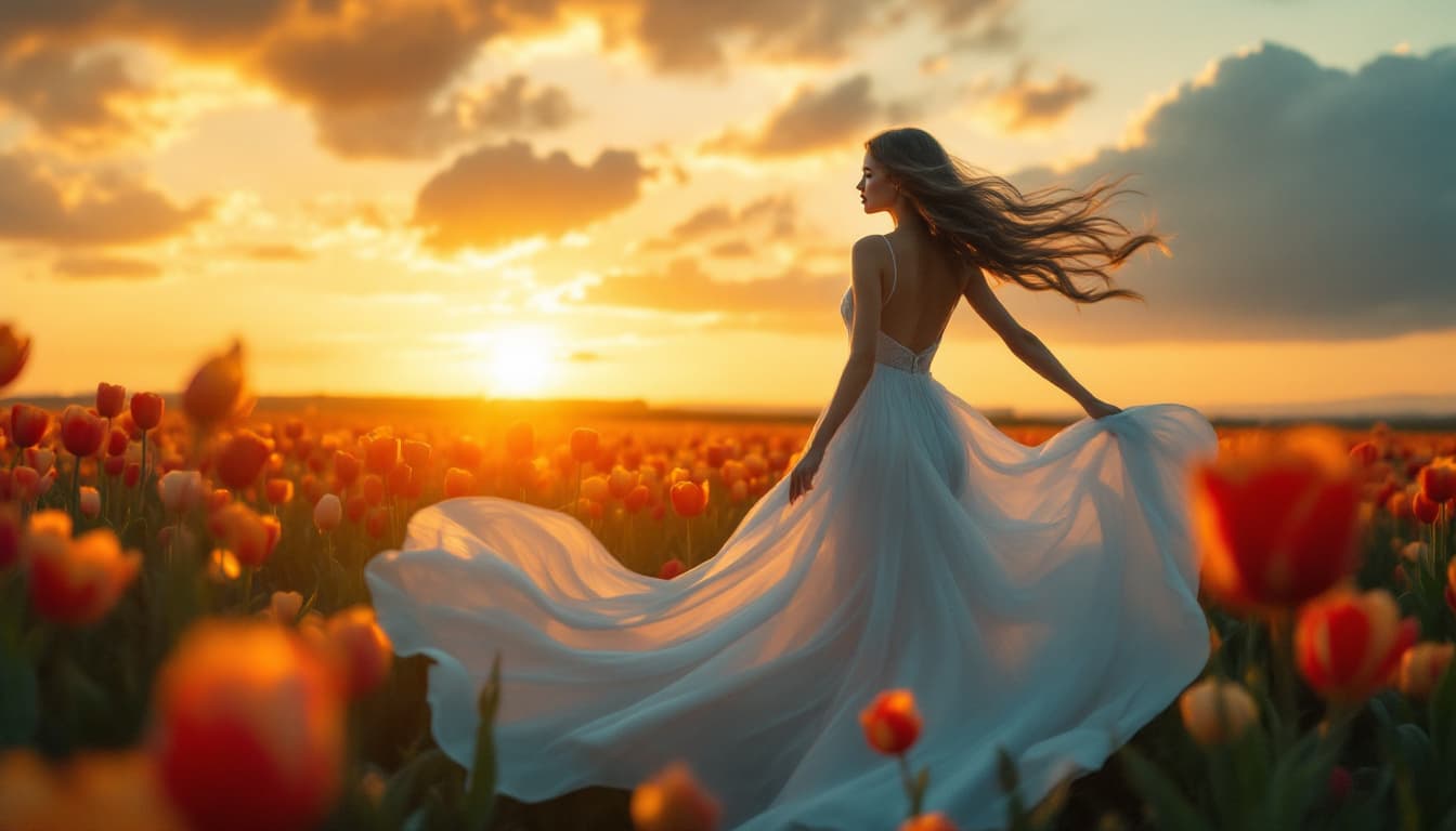 AI generated: A serene sunset scene where a woman stands gracefully in a flowing white dress blowing on wind. She'...