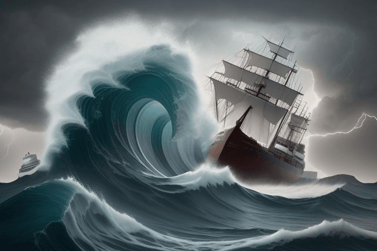 AI generated: turbulent sea, ship on sea, 1920s ship, large ship, waves hitting ship, waves, tide, storm, thunders...