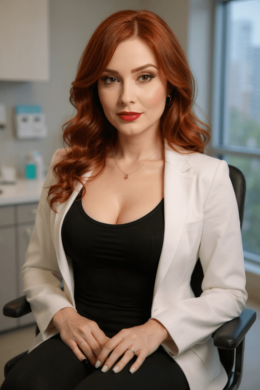 AI generated: Using this face create a glamorous woman with long, flowing red hair sits confidently in an office c...