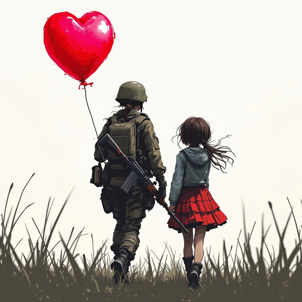AI generated: a female soldier with rifle, a girl with heart shaped balloon,