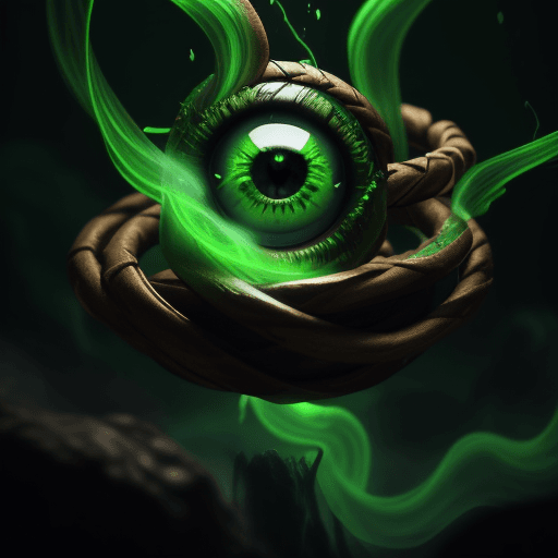 AI generated: Eyeball, glowing green, close up, center shot, leather braided necklace, eyeball glowing a green smo...