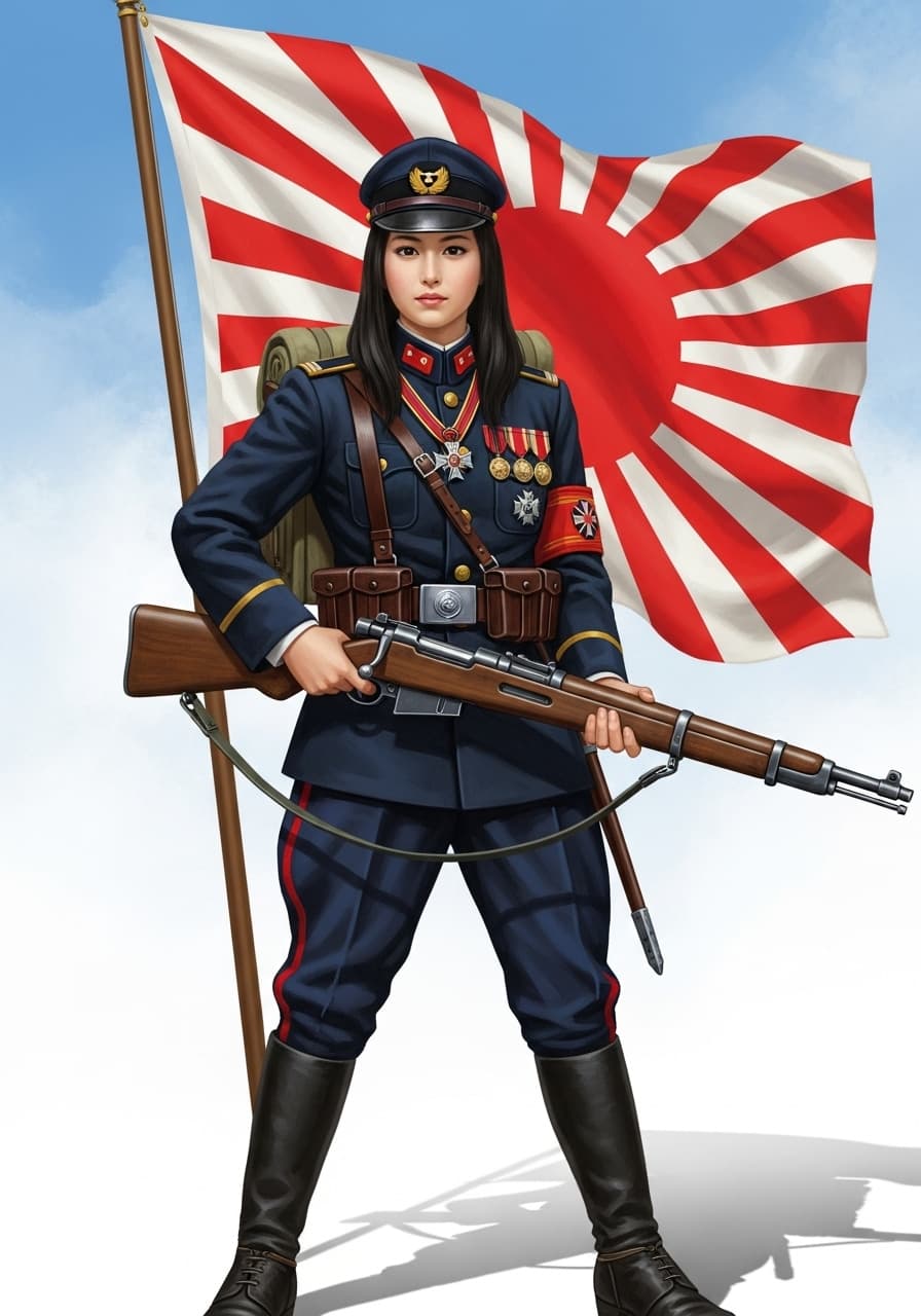AI generated: Paint a beautiful japanese army girl,black hair,japanese empire ww2 officer uniform ,arisaka bolt ac...