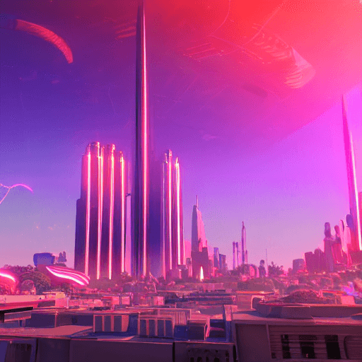 AI generated: futuristic synthwave city, retro sunset, crystals, spires, volumetric lighting, studio Ghibli style,...